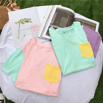 Cute Pastel Patchwork Contrast Kpop Bangtan Boys T-shirt Tee Top Korean Japanese Harajuku Chinese Retro Streetwear Aesthetic Fashion