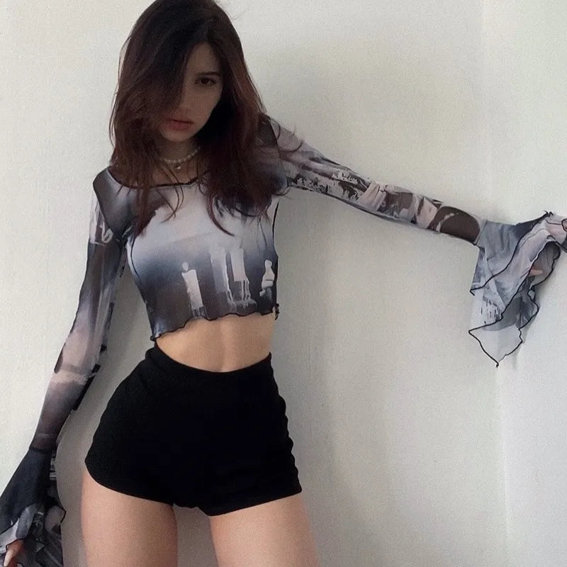 Y2K Punk Print Flare Long Sleeve Top