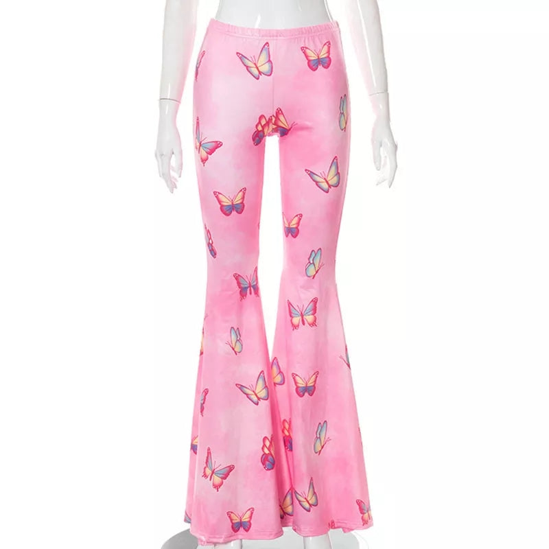 Pink Butterfly Low Waist Flare Bell Bottom Pants Rave Festival Aesthetic Casual E-Girl Kawaii Korean Japanese Harajuku