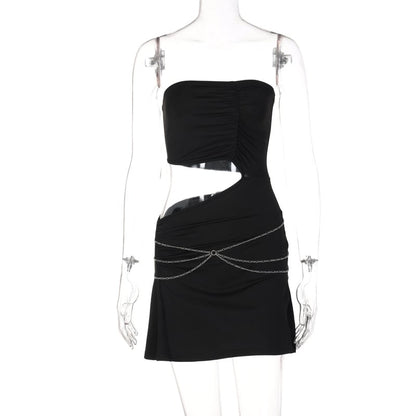 Black Strapless Chain Cut Out Split Mini Dress
