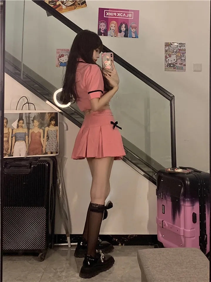 2PCS Pink Plaid Lapel Bow Puff Sleeve Crop Top + Mini Skirt