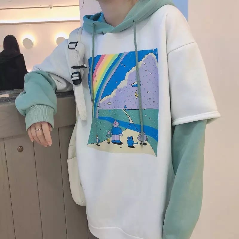 Rainbow Cartoon Print Hoodie Patchwork Loose Drawstring Sweatshirt Sweater Long Sleeve Pullover E-Girl Kawaii Korean Japanese Harajuku Streetwear