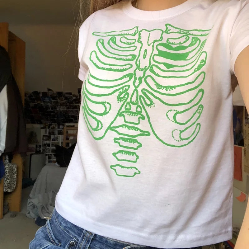 Cute 90s Vintage Skull Bone Ribs Short Sleeve Tee Crop Top Basic Casual Punk Goth Summer E-Girl Kawaii Korean Japanese Harajuku Streetwear