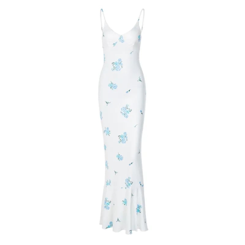 Blue & White Floral Print Spaghetti Strap Maxi Dress