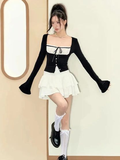 2PCS Long Sleeve Square Collar Top + Mini Tierred Ruffle Skirt