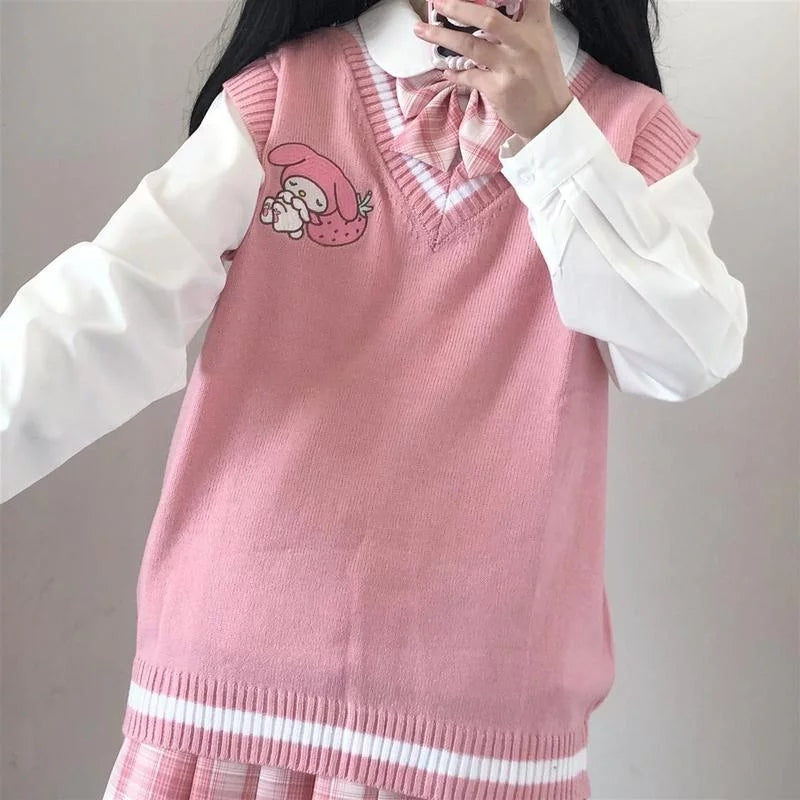Cute Anime Cartoon Print Knit Vest Sweater Crop Top V Neck Sleeveless Shirt Aesthetic Casual Summer E-Girl Kawaii Korean Japanese Harajuku