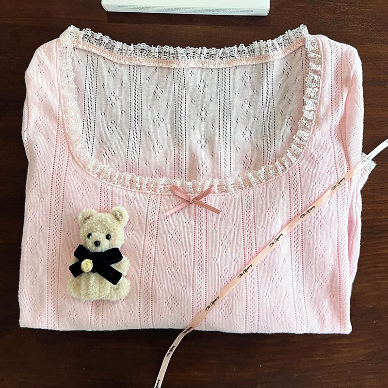 Pink Bow Lace Trim Long Sleeve Shirt