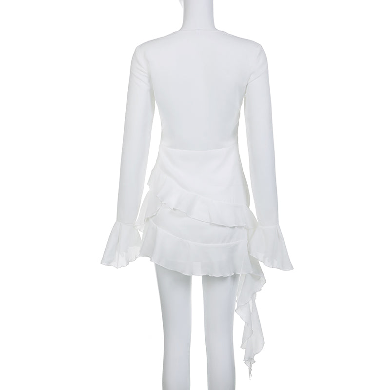 White Ruffle A-Line Chiffon Long Sleeve Flare Dress