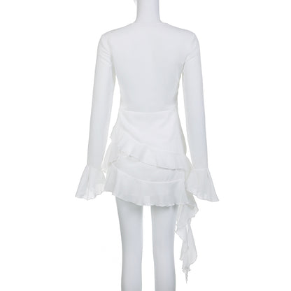 White Ruffle A-Line Chiffon Long Sleeve Flare Dress