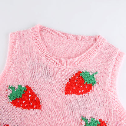 Cute Pink Strawberry V Neck Sleeveless Knit Crop Top Sweater Sweatshirt Pullover Jumper E-Girl Kawaii Korean Japanese Harajuku Streetwear