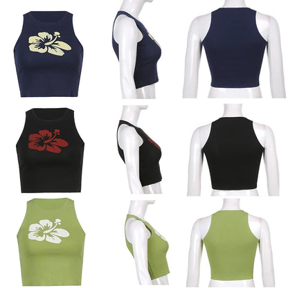 Cute Hawaii Flower Tank Crop Top Vintage Short Sleeve Shirt Sleeveless O Neck Casual Summer E-Girl Kawaii Korean Japanese Harajuku Streetwear