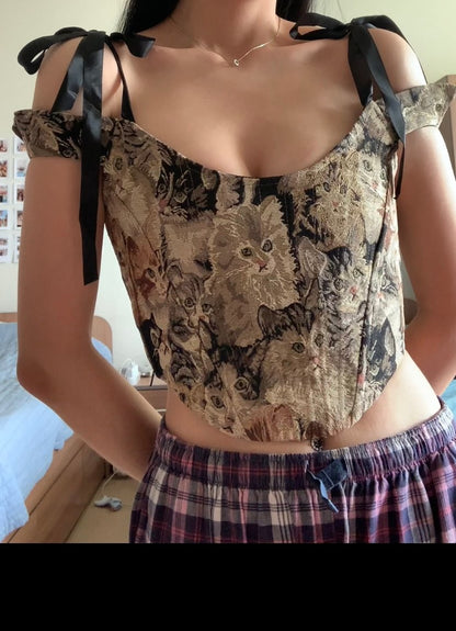 Cat Embroidery Lace Up Corset Top