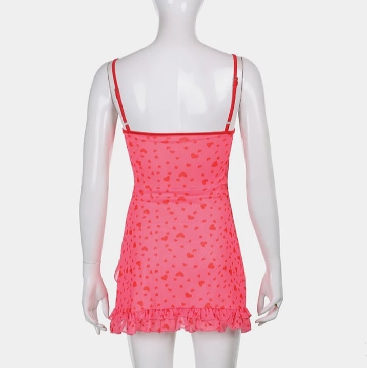 Cute Sweet 90s Pink Heart Print Sleeveless Strap Ruffles Short Mini Dress Aesthetic Casual Summer E-Girl Kawaii Korean Japanese Harajuku