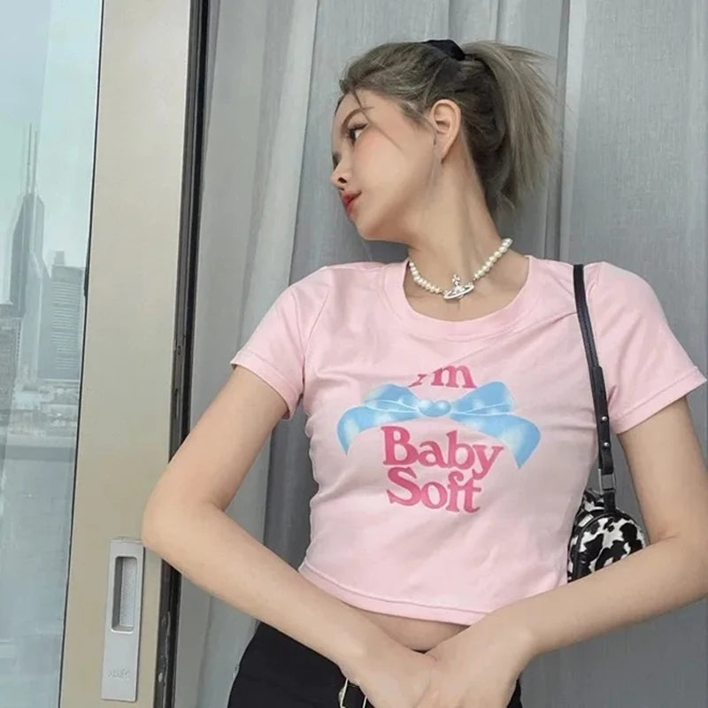 Pink Bow Print Crop Top