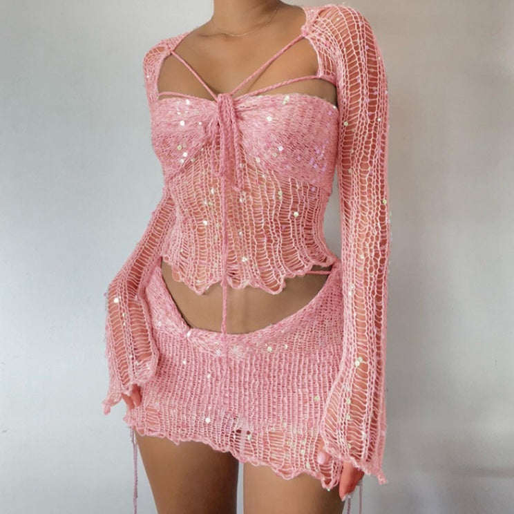 2PCS Pink Sequin See Through Hollow Out Top + Skirt Set