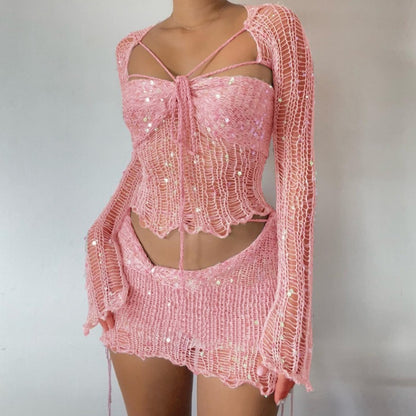 2PCS Pink Sequin See Through Hollow Out Top + Skirt Set