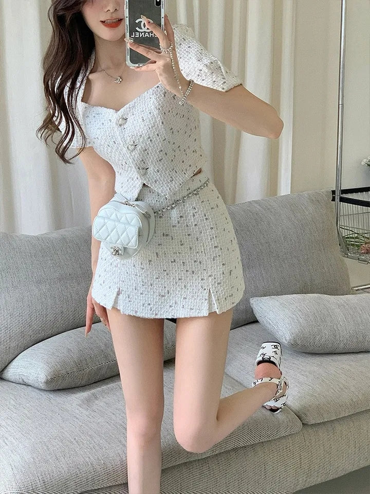 2PCS White Tweed Puff Sleeve Blouse + Skirt