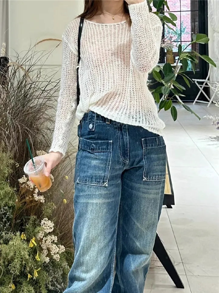 White Crochet See Through Sweater