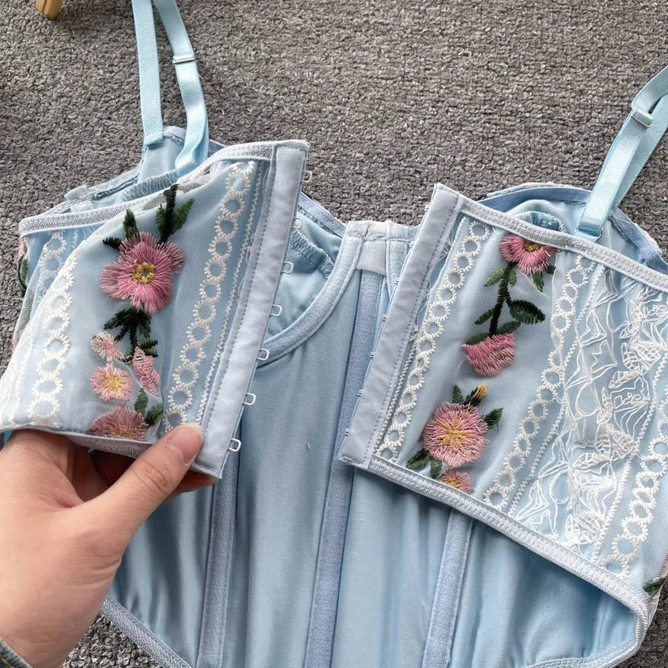 Blue Floral Embroidery Corset Top