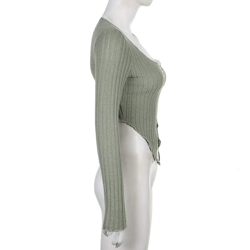 Green Lace Split Patchwork Long Sleeve T-shirt