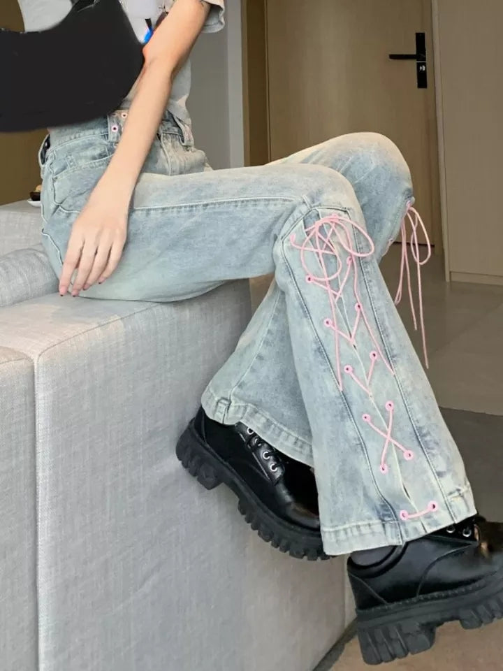 Pink Lace Up Bow Flare High Waist Jeans