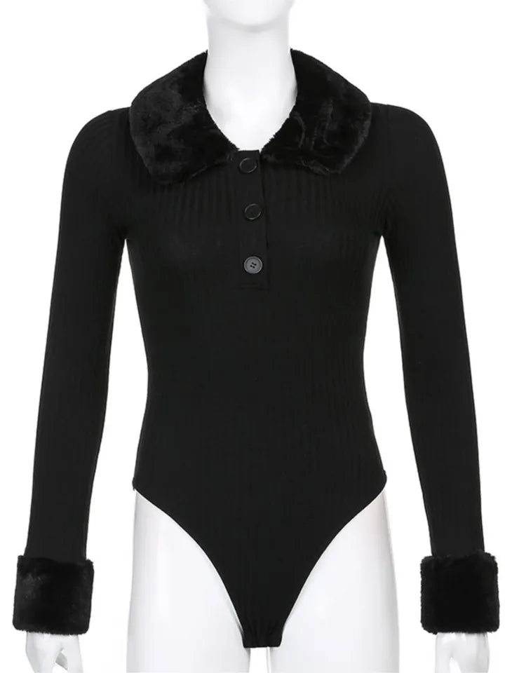 Black Faux Fur V Neck Bodycon Sweater