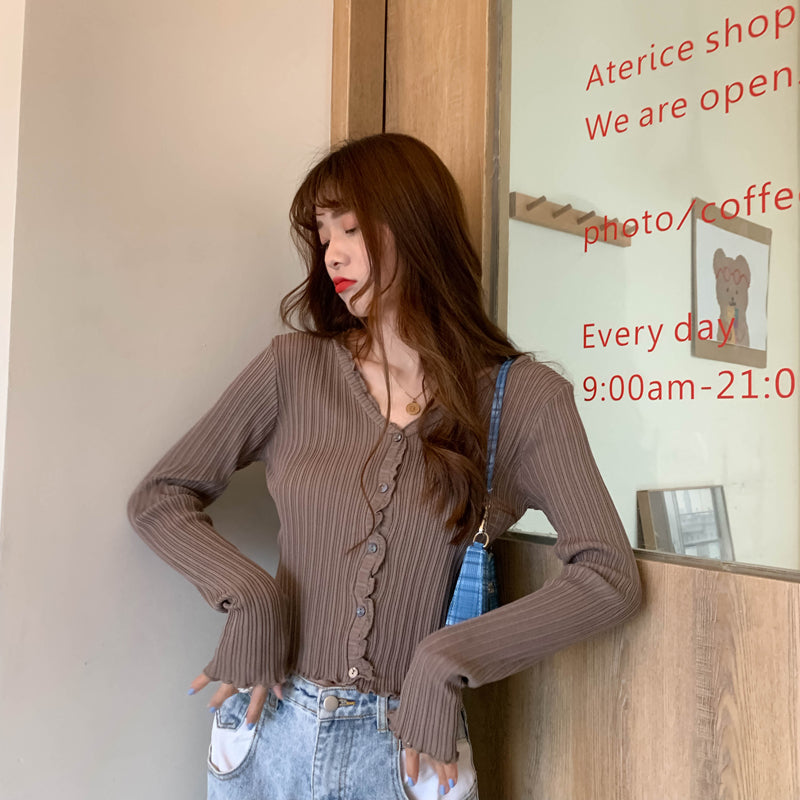Cute V Neck Knit Casual Thin Sweater Cardigan Shirt Tee T-shirt E-Girl Kawaii Korean Japanese Harajuku Chinese Retro Streetwear