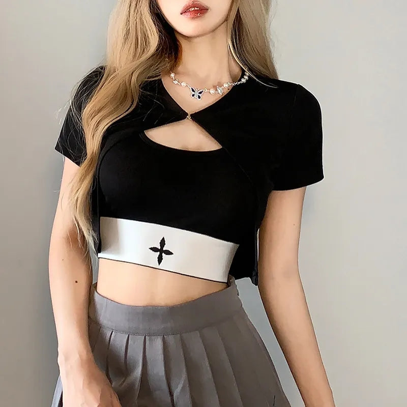 Black Punk Square Collar Short Sleeve Shirt