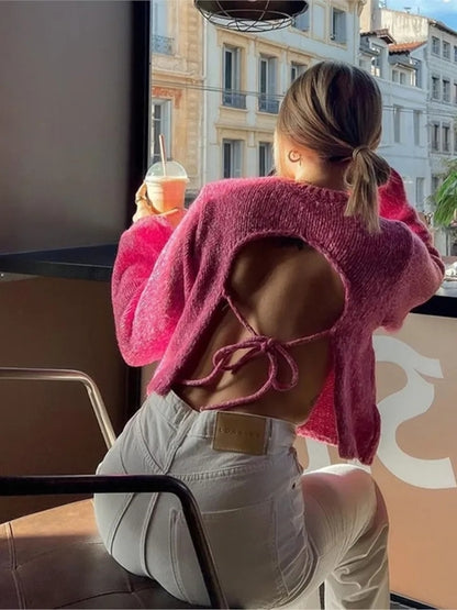 Pink Knit Backless Lace Up Sweater