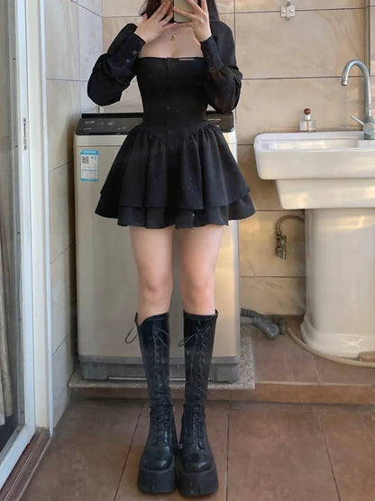 Black Vintage Long Sleeve Mini Dress