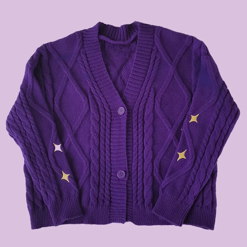 Purple Star Embroidery Button Cardigan