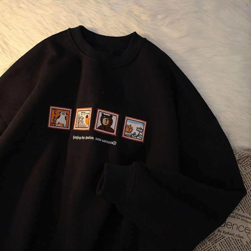 Cute Picture Frame Embroidery Velvet Thick Round Neck Sweatshirt Oversize Hoodie Pullover Sweater E-Girl Kawaii Korean Japanese Harajuku Streetwear