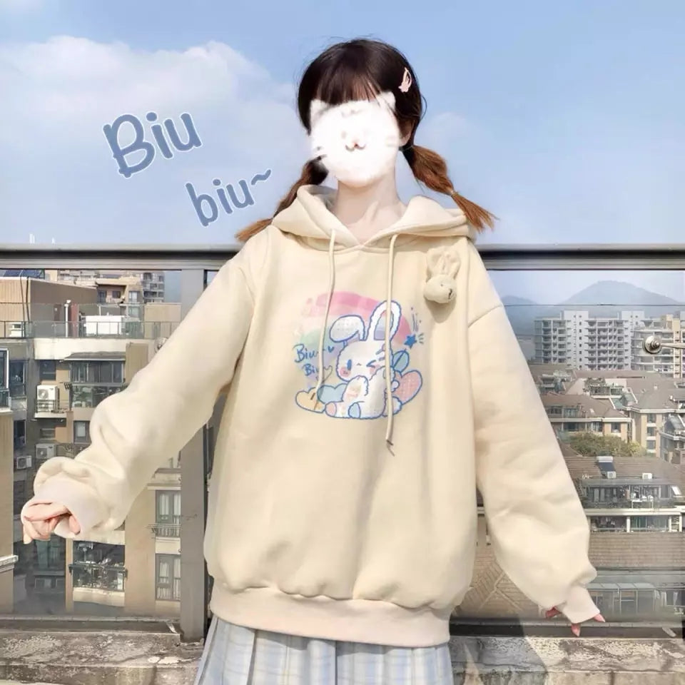 Cute Cream Bunny Rabbit Print Long Sleeve Hoodie Oversized Pullover Sweater Aesthetic Casual E-Girl Kawaii Korean Japanese Harajuku