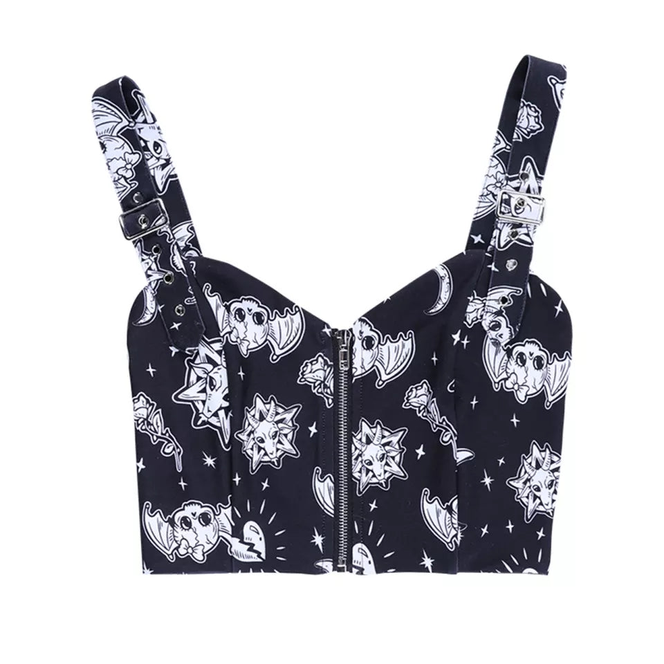 Cute Black Goth Skull Bat Goat Print Zipper Front Camisole Crop Top Tank Summer Aesthetic Casual E-Girl Kawaii Korean Japanese Harajuku