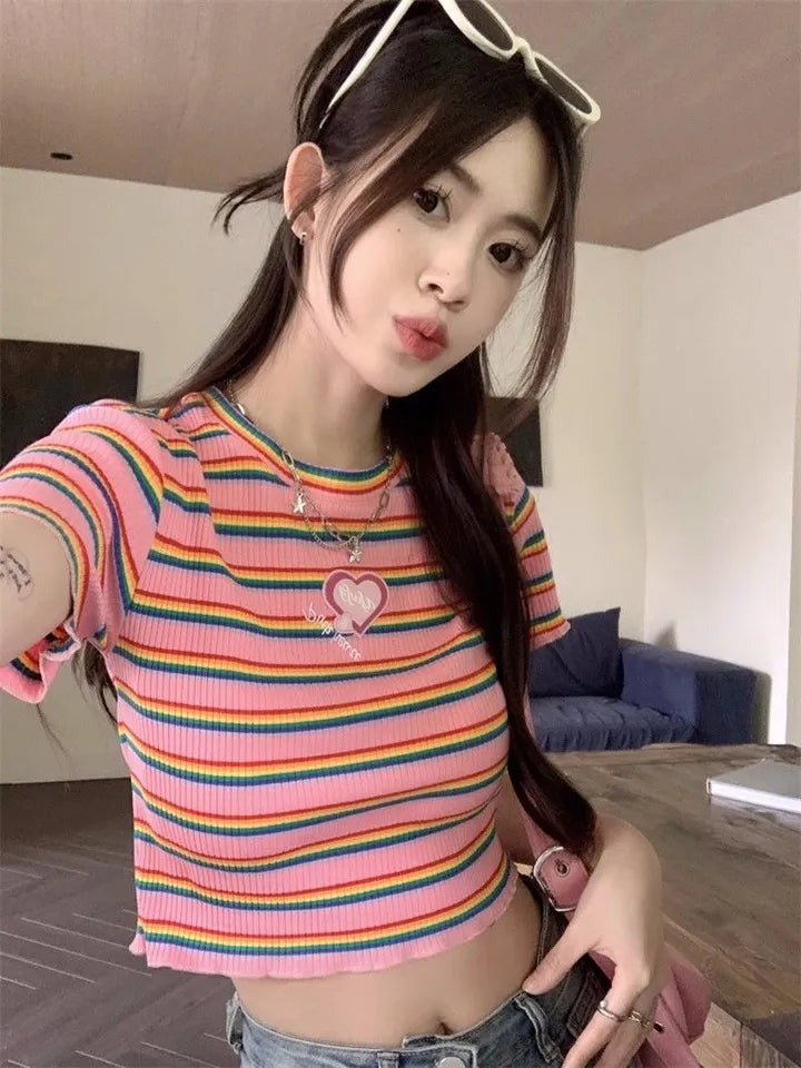 Pink Rainbow Stripe Crop Top