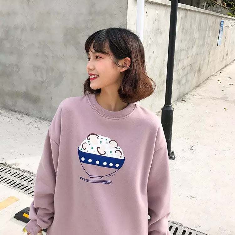 Dumpling Ramen Food Cartoon Print Loose Oversized Long Sleeve Sweatshirt Sweater Pullover Causal E-Girl Kawaii Korean Japanese Harajuku Streetwear