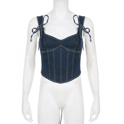 Blue Denim Corset Bandage Tank Top