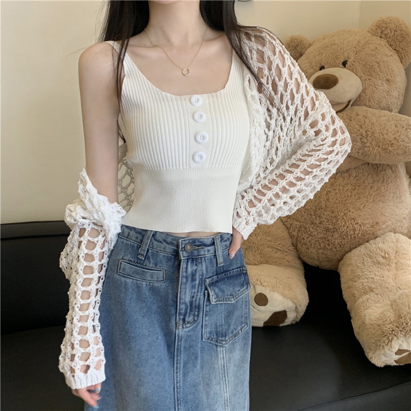 2PCS Green Button Top + Crochet Smock