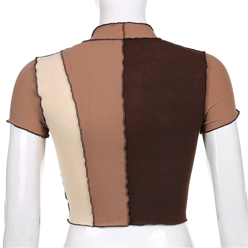 Brown Patchwork Trim Hollow Short Sleeve T-shirt