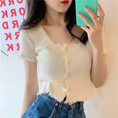 Yellow Lace Knit Short Sleeve Top