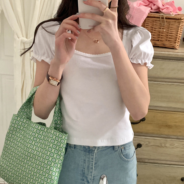 White Puff Sleeve Square Collar Top