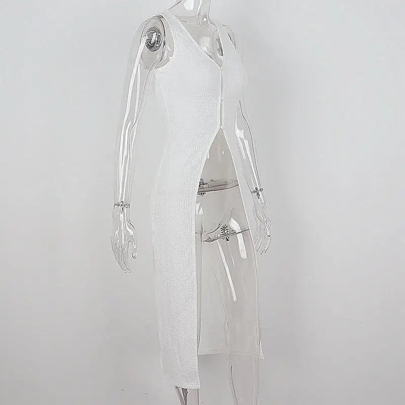 White Hollow Out V Neck Long Tank Top