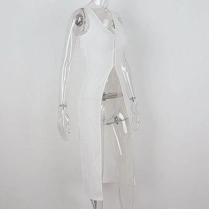 White Hollow Out V Neck Long Tank Top