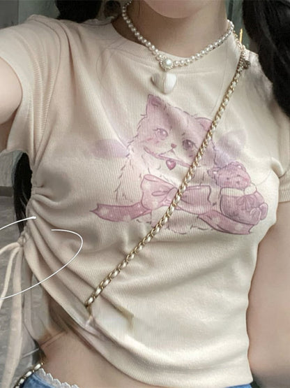 Cat Print Ribbed Short Sleeve T-shirt