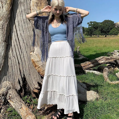 White Pleated Frill Maxi Skirt