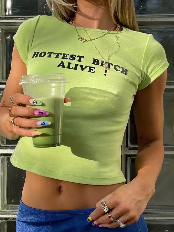 Green Hottest B Alive Letter Print Short Sleeve Shirt Crop Top Summer Aesthetic Casual E-Girl Kawaii Korean Japanese Harajuku
