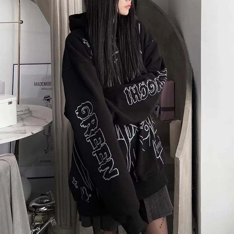 Cute Black Goth Anime Hoodie Grunge Loose Long Sleeve Shirt Aesthetic Casual E-Girl Kawaii Korean Japanese Harajuku