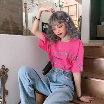 Cute Casual Vintage Punk Goth Print Crop Top Short Sleeve Shirt Tee T-shirt E-Girl Kawaii Korean Japanese Harajuku Chinese Retro Streetwear Aesthetic