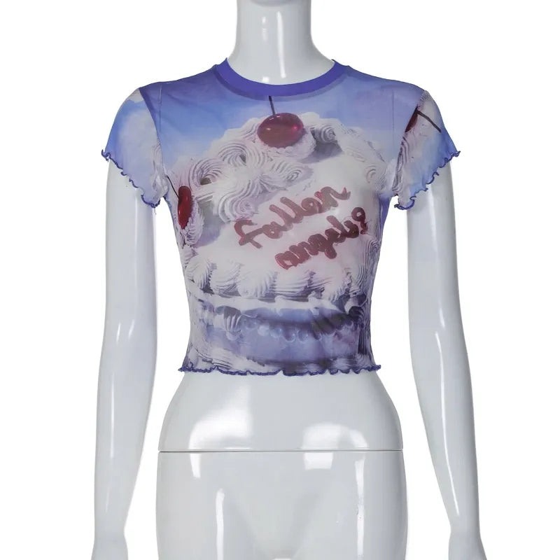 Angel Cake Print Ruffle Short Sleeve Shirt