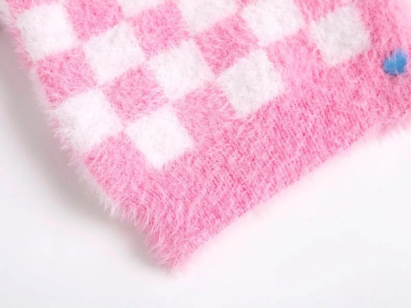 Cute Plaid Checkered Crop Sweater Cardigan Top Long Sleeve Knit E-Girl Kawaii Korean Japanese Harajuku Chinese Retro Streetwear Aesthetic